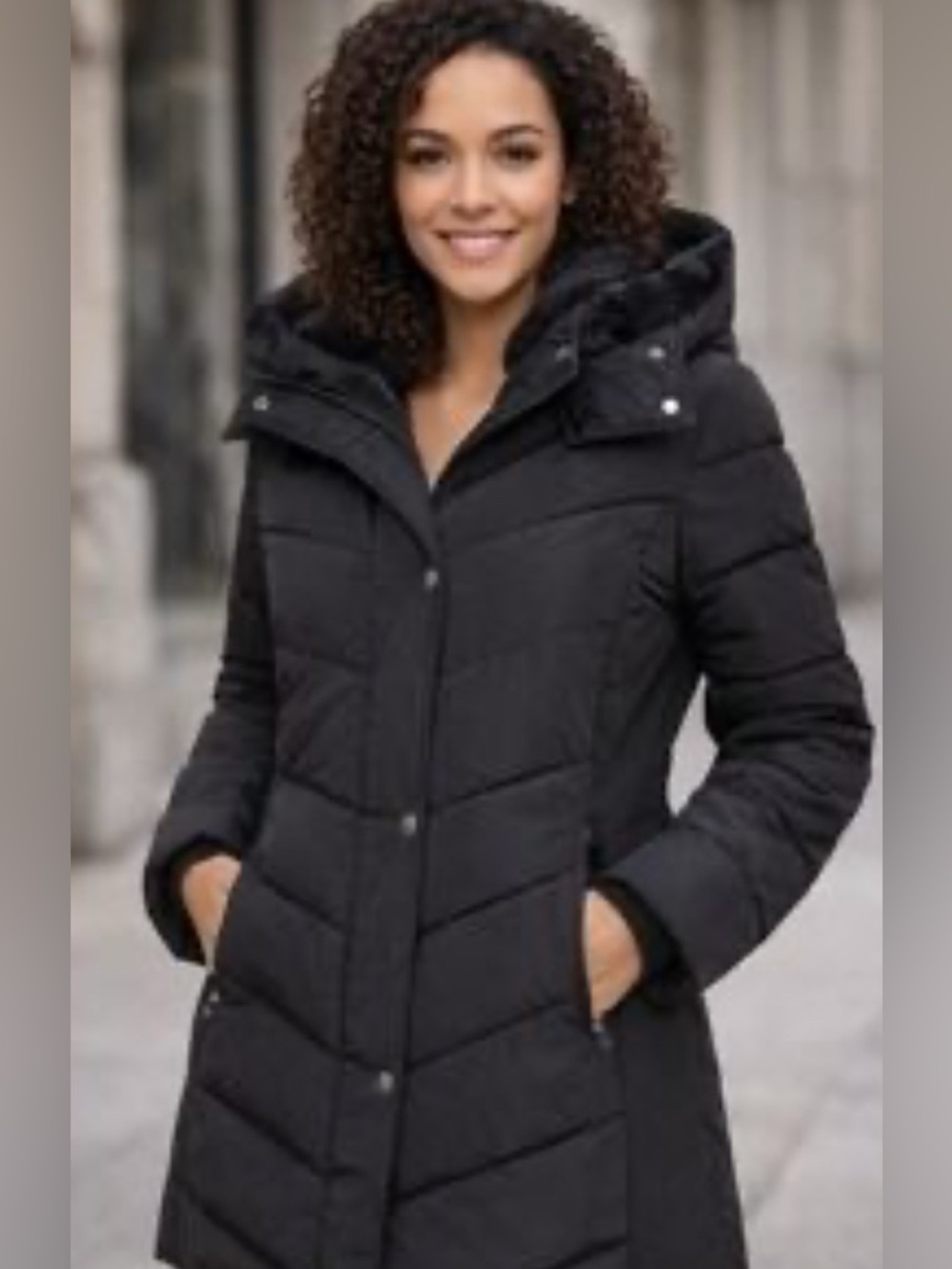 Andrew Marc Long Black Quilted Puffer Parka Coat with Fur Hood